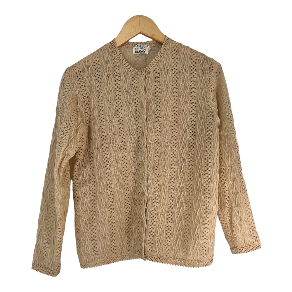 Vintage 60’s Miss Holly Pointelle Cardigan 
Vintage Size L (see measurements)